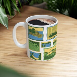 Caneca de cerâmica vintage com estampa de cartão postal amarelo, verde e azul, presente para amantes de café, caneca para amantes da natureza, caneca de viagem exclusiva, decoração para casa, copos ecológicos