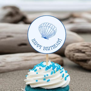 Blue Shell Outline Beach Digital Birthday CUPCAKE TOPPER Template on Canva, Beach Ocean Seashell Cupcake Decor Beach Birthday Bash Party 85
