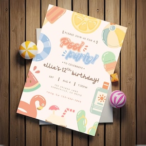 Pastel Pool Party Digital Birthday Invitation Template on Canva, Ocean Summer Kids Pool Party Invitation Beachy Birthday Party EVITE