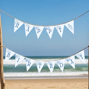 Puede incluir: Banderines blancos colgados entre postes de madera en una playa. La pancarta superior dice "HAPPY" en letras azules, y la pancarta inferior dice "BIRTHDAY". Cada banderín presenta un diseño de concha. El fondo muestra el océano y un cielo azul.