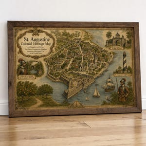 May include: A framed map titled St. Augustine Colonial Heritage Map, featuring an illustrated layout of the city, a lighthouse, a ship, and historical figures. The map is rendered in sepia and muted earth tones within a dark wood frame.