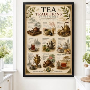 May include: A framed wall poster titled TEA TRADITIONS OF THE WORLD, featuring illustrations of tea culture from China, Japan, India, Turkey, Morocco, England, Russia, Vietnam, and South Africa, with descriptive text and tea vessels in a vintage style.