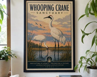 May include: A framed vertical poster titled Whooping Crane Sanctuary featuring two white cranes in a marsh at sunset. The text reads Protecting a Legacy, Preserving a Future, Aransas National Wildlife Refuge, Texas. The art style is illustrative.