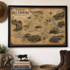 Texas Hill Country Heritage Map | Vintage Texas Wall Art | Rustic Ranch Country Atlas | Americana Cartography Print | Hill Country Decor