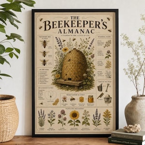 Może przedstawiać: Oprawiony plakat edukacyjny zatytułowany The Beekeeper's Almanac, przedstawiający centralną ilustrację słomianego ula otoczonego rysunkami botanicznymi, diagramami pszczół, przewodnikiem sezonowym i roślinami dla zapylaczy.