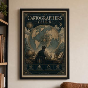 May include: A framed wall art print titled The Cartographer's Guild featuring a person at a desk drawing a map in front of a large globe. The design includes a sun, moon, clouds, and text reading Explore, Measure, Record, and Belong.