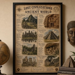 May include: A framed poster titled Lost Civilizations of the Ancient World featuring illustrations and historical descriptions of Machu Picchu, Petra, Angkor Wat, Chichén Itzá, Tikal, Mesa Verde, Persepolis, and Great Zimbabwe on a sepia-toned background.