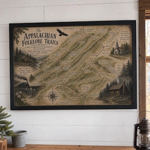 May include: A framed map titled The Appalachian Folklore Trails, featuring a detailed illustration of mountains, rivers, and forests. The map includes a compass rose, a steam train, a cabin, and a bird in flight, with text detailing regional locations.