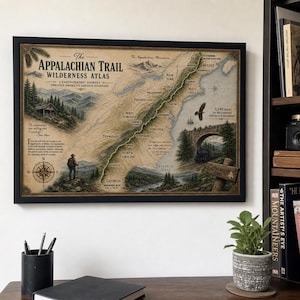 May include: A framed map titled The Appalachian Trail Wilderness Atlas, featuring a detailed cartographic journey through the eastern United States. The print includes illustrations of mountains, a hiker, a compass, a train, and a bird of prey.