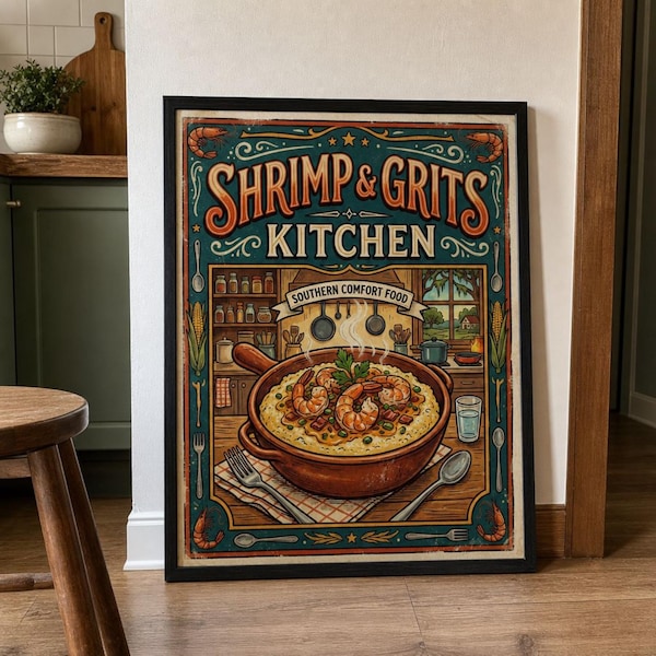 Garnelen und Grieß Küchen Wandkunst, Südliche Küche Druckbar, Cajun Essen Poster, Vintage Restaurant Dekor, Südliche Komfort Essen Druck