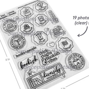Set di timbri trasparenti / Bookish Vibes (4x6): 19 timbri fotopolimerici per scrapbooking, agende, diari • lettura libri oscenità poesia memorie bibbia