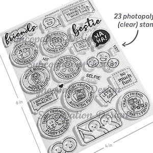 Clear stempelset | Vriendschap (4 x 6): 23 fotopolymeerstempels voor scrapbooking, planners, tijdschriften (vrienden, bestie, gamer, boekenliefhebber, knutselaars)