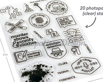 Clear Stamp Set | True Crime (4x6) : 20 stamps for scrapbooks, journals, planners • reading mystery books murder detective tv movies