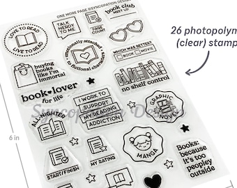 Clear Stamp Set | One More Page (4x6): 26 photopolymer stamps for scrapbooking, Project Life, planners, journals reading books readers