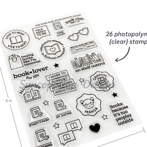 Clear Stamp Set | One More Page (4x6): 26 photopolymer stamps for scrapbooking, Project Life, planners, journals reading books readers