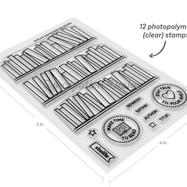 Clear Stamp Set | Shelfie (4x6) : 12 stamps for scrapbooks, journals, planners • reading book bookshelf literature library bookworm bookmark