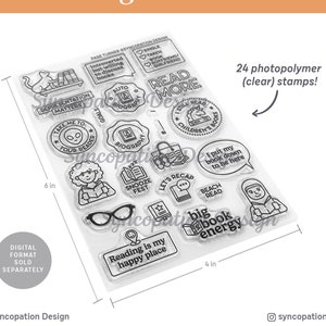 Clear Stamp Set | Page Turner (4x6): 23 photopolymer stamps for scrapbooking, Project Life, planners, journals • reading books read genre