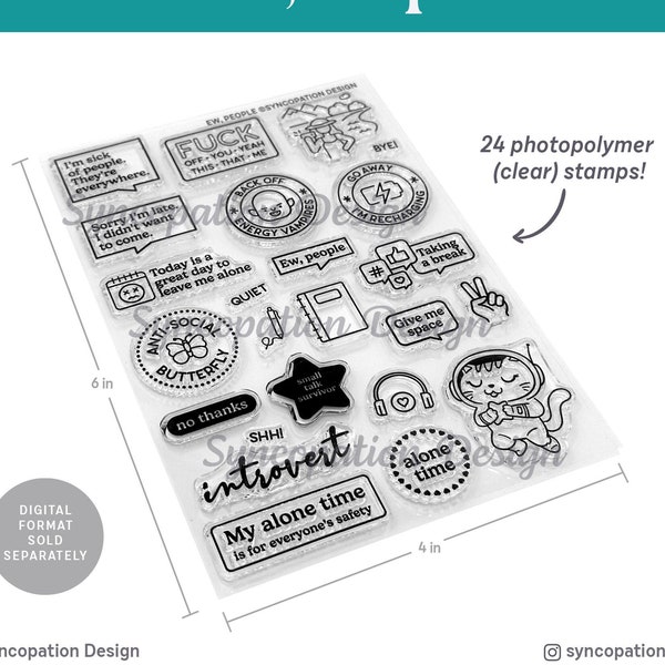 Clear Stamp Set | Ew, People (4x6): 24 photopolymer stamps for scrapbooking, planners, journals (introvert, empath)
