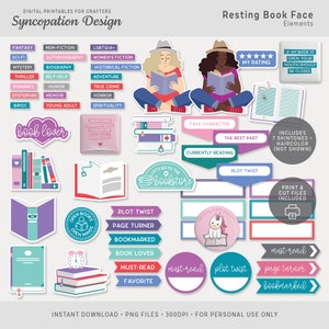 Elements | Resting Book Face for Scrapbooking • Card Making (Reading Bookworm Cats Library Book BIPOC) Digital Stamps / Stickers / Word Art