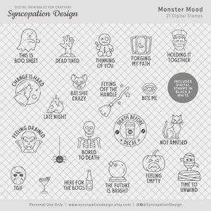 Op de afbeelding: Een set van 21 digitale stempels met zwart-wit illustraties van verschillende griezelige en humoristische Halloween-thema's. De stempels bevatten afbeeldingen van een geest, een skelet, een heks, een vampier, een kat, een pompoen, een mummie, een weerwolf, een monster, een voodoo-pop, een koffiekopje, een kristallen bol, een martini-glas, een spin, een vleermuis, een schedel, een hand, een hart, een bezem en een tarotkaart. De tekst "Monster Mood" en "21 Digital Stamps" is in de afbeelding opgenomen.