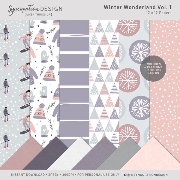 12x12 Paper | Winter Wonderland : Digital Scrapbooking • Journaling (snowflakes cozy cocoa play gloves snowboard skiing Winter wintertime)