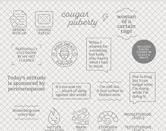 Digital Stamps | Perimenopause : PNGs + brushes for scrapbooking, planners, journals (menopause, hot flash, hormones)
