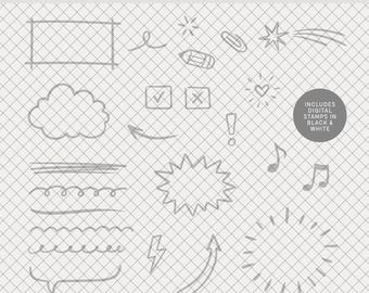 Digital Stamps | Doodles #1 : Digital Scrapbooking • brushes for for scrapbooking, planners, journals (hand drawn shapes symbols rough)