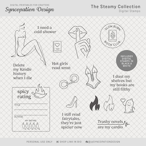 Znaczki cyfrowe | Kolekcja Steamy: Cyfrowy scrapbooking (nakładka ze zdjęciami czytanie filmy sprośność romans tandetne książki pikantne gorące książki miłość)