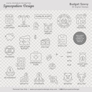 Timbri digitali / Budget Savvy: 30 timbri per album, diari, agende • risparmio, shopping, pensione, investimenti, denaro, azioni