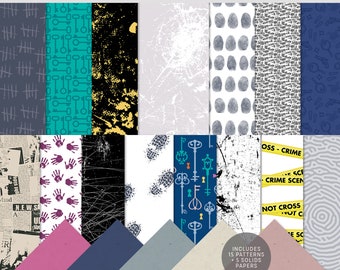 May include: A digital paper pack with 15 patterns and 5 solid papers, all themed around true crime. The patterns include keys, fingerprints, crime scene tape, and more. The papers are 12 inches by 12 inches.