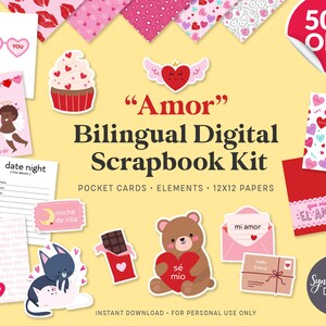 Bundle | Amor (bilingual) : Digital Scrapbooking English & Spanish (Pocket Cards • 12x12 Paper • Elements) valentine cupid amiga heart love