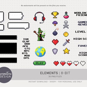 Elementi / 8-Bit: Scrapbooking digitale • Adesivi digitali • Timbri digitali (Retro Geek Arcade Videogiochi Gamer Punteggio virtuale Divertimento Gioco)