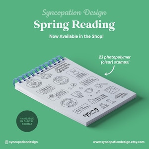 May include: A white spiral-bound notebook with a blue spiral and a collection of black line art stamps. The stamps feature reading-themed designs and text, including the words "Spring Reading." The image also includes the text "23 photopolymer (clear) stamps!"