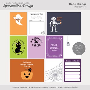 May include: A set of printable Halloween-themed pocket cards featuring various designs, including a ghost, a skeleton, a black cat, a coffee cup, a spider web, and a pumpkin. The cards are available in three sizes: 3x4, 6x4, and 4x4 inches.