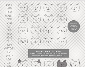 Digital Stamps | Emo Cats : PNGs + brushes for scrapbooking, planners, journals (mood, emoji, emoticons, feelings)