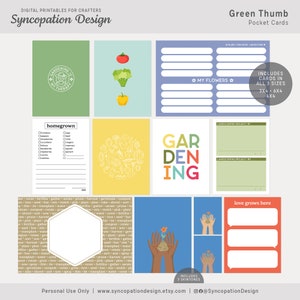 Cartes de visite | Pouce vert : scrapbooking numérique • Fabrication de cartes • Carnet de notes (plantes à fleurs de jardin légumes outils de nains de terre de jardin poussent)