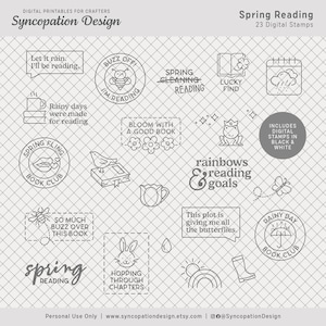 May include: Digital stamp set with 23 black and white designs, including text like "Spring Reading," "Rainy days were made for reading," and illustrations of books, bees, and a bunny. Perfect for crafters.