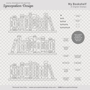 May include: A digital stamp set titled "My Bookshelf" with 21 stamps. The design features three shelves of books labeled with various genres, along with rating and tracking elements. Includes stamps in black and white.