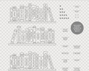 May include: A digital stamp set titled "My Bookshelf" with 21 stamps. The design features three shelves of books labeled with various genres, along with rating and tracking elements. Includes stamps in black and white.