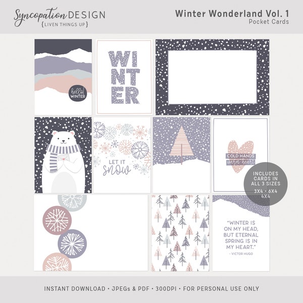 Pocket Cards | Winter Wonderland : Digital Scrapbooking •  Project Life • Journal (snowflakes holiday snow cocoa bear trees cozy December)