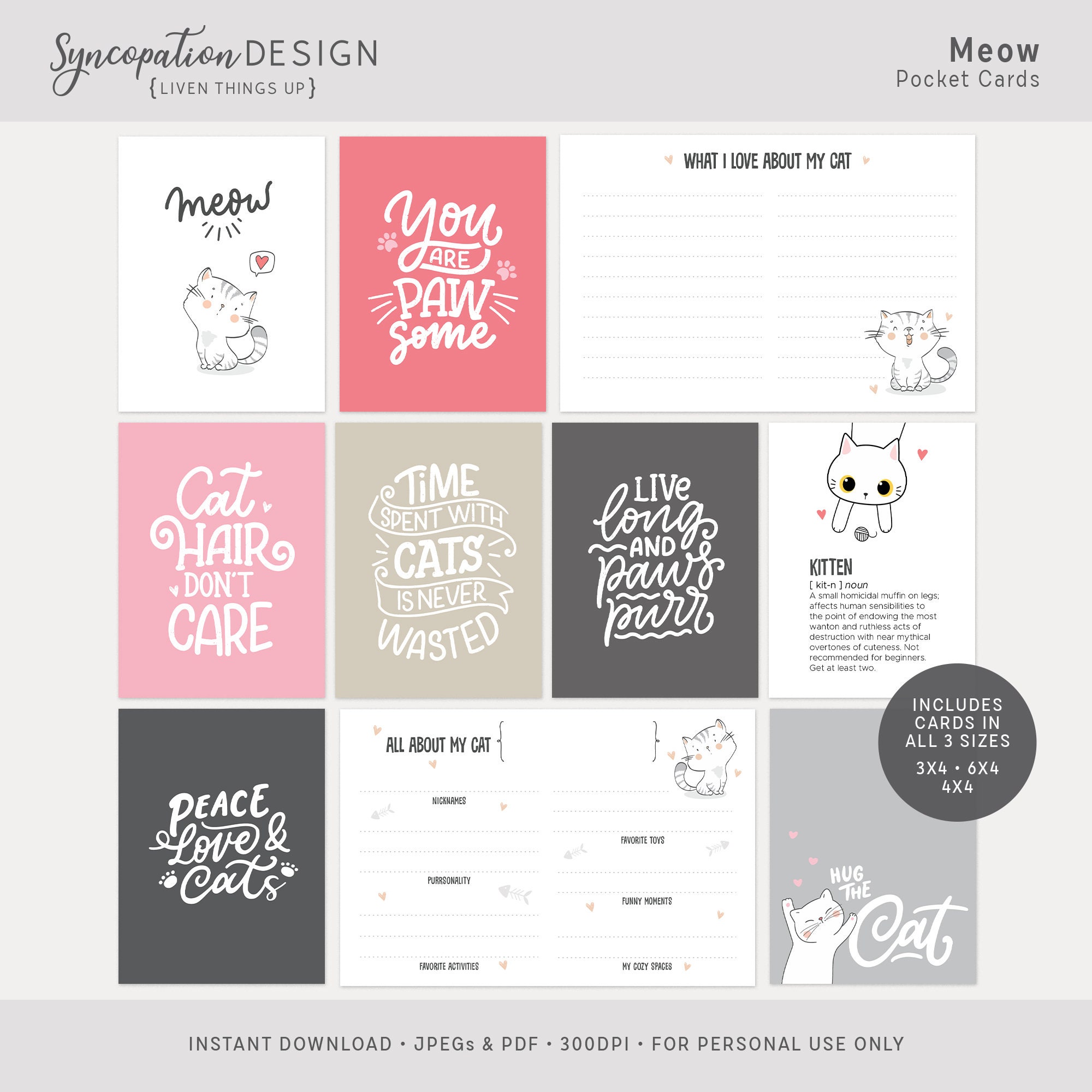Journal Cards | Meow : Pocket Scrapbooking (Digital Pocket Cards • Cat Kitten Kitty Feline Gato Cute Furry Toe Beans Paws Furbaby Caturday)