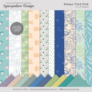 12 x 12 papier | Always Tired Club: digitaal scrapbooken • Kaarten maken • Dagboek (dutje moe rust slapeloosheid bed kussen slaap hond zzz nachtbraker)