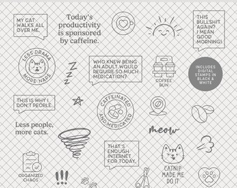Digital Stamps | Cats, Coffee & Chaos : PNGs + brushes for scrapbooking, planners, journals (mood, vibes, caffeine)