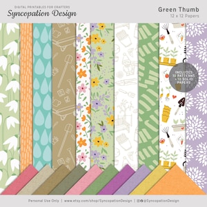 Papel de 12 x 12 / Pulgar verde: Scrapbooking digital • Creación de tarjetas • Diario (jardín flores plantas vegetales jardín tierra herramientas jardinería paisaje)