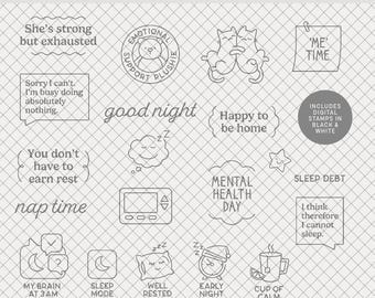 Digital Stamps | Get Some Rest : PNGs + brushes for scrapbooking, planners, journals, cardmaking (sleep nap cozy rest cat)