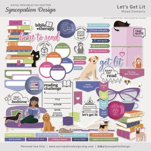 Éléments | Allons-y : scrapbooking numérique • Fabrication de cartes (lire rat de bibliothèque, livre de bibliothèque chats chiens) tampons/autocollants/illustrations textuelles/étiquettes