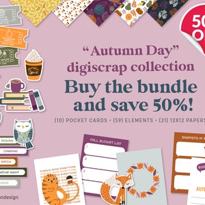 Pacote | Dia de Outono: Scrapbooking Digital • Criação de Cartões • Diário (Canecas de especiarias de abóbora com folhas de outono, abóbora raposa, maçãs, coelho com folhas) 110 itens