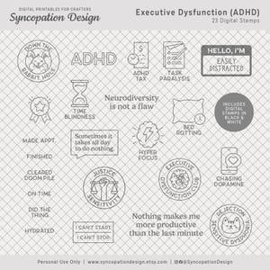 Pode incluir: Carimbos digitais imprimíveis para artesãos com tema TDAH. Os designs em preto e branco incluem frases como "Down the Rabbit Hole", "Task Paralysis" e "Chasing Dopamine". O conjunto inclui 23 carimbos digitais.