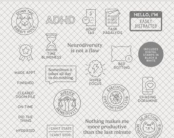 Digital Stamps | Executive Dysfunction ADHD : Digital Scrapbooking • photo overlays planners, card making • neurodiversity focus distracted