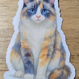 May include: A sticker featuring a watercolor illustration of a fluffy cat. The cat has blue eyes, a pink nose, and a coat of white, orange, and blue fur. The cat is sitting upright with its tail curled.